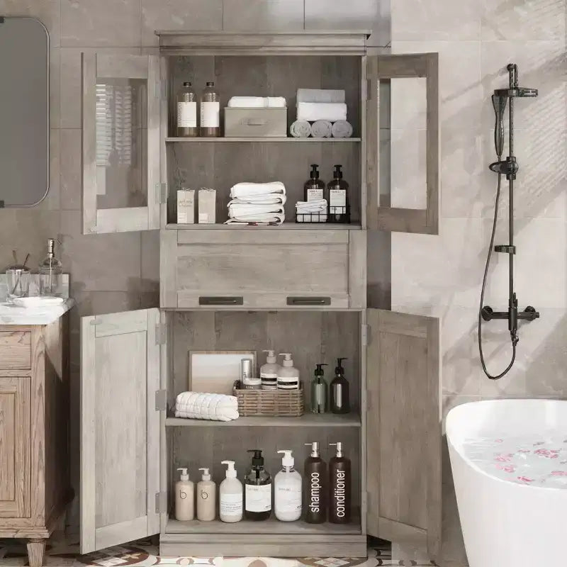 Mobile bagno autoportante alto 170 cm con 4 ante, cassetto con anta a ribalta in vetro e ripiani regolabili