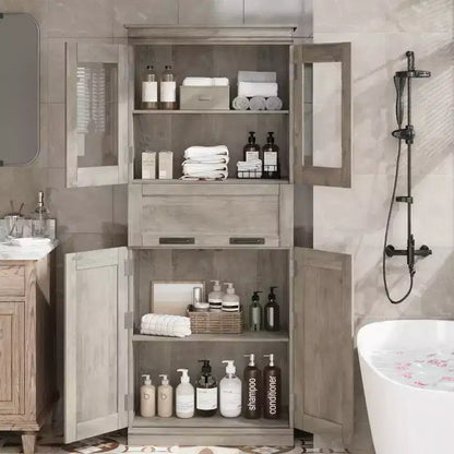 Mobile bagno autoportante alto 170 cm con 4 ante, cassetto con anta a ribalta in vetro e ripiani regolabili
