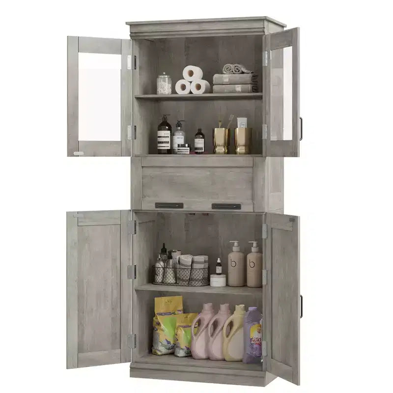 Mobile bagno autoportante alto 170 cm con 4 ante, cassetto con anta a ribalta in vetro e ripiani regolabili
