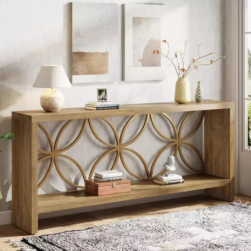 Tavolo console stretto da 180 cm in stile rustico con 2 ripiani, per ingresso o divano
