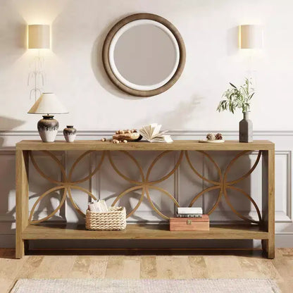 Tavolo console stretto da 180 cm in stile rustico con 2 ripiani, per ingresso o divano