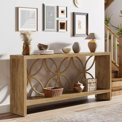Tavolo console stretto da 180 cm in stile rustico con 2 ripiani, per ingresso o divano