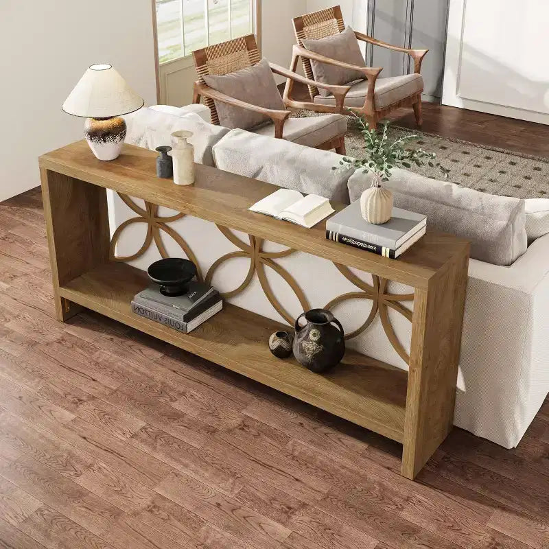 Tavolo console stretto da 180 cm in stile rustico con 2 ripiani, per ingresso o divano