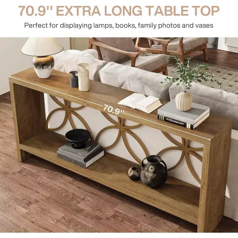 Tavolo console stretto da 180 cm in stile rustico con 2 ripiani, per ingresso o divano
