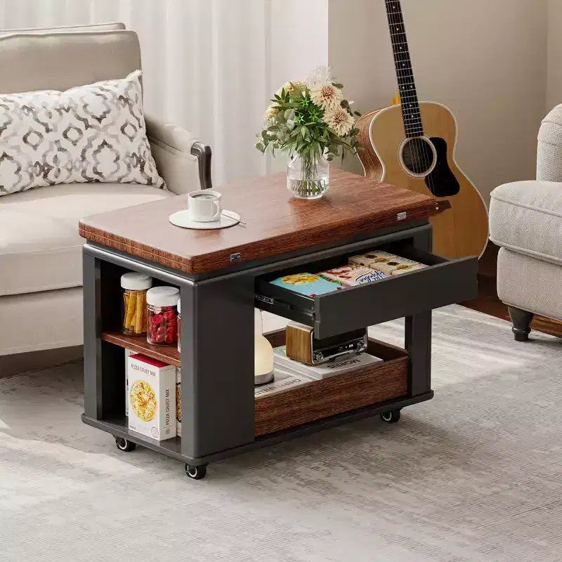 Tavolino multi-funzione da 70 cm con piano pieghevole, rotelle e ripiani multi-livello, nero e noce