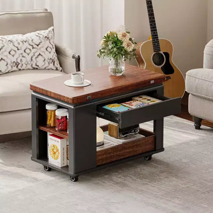 Tavolino multi-funzione da 70 cm con piano pieghevole, rotelle e ripiani multi-livello, nero e noce