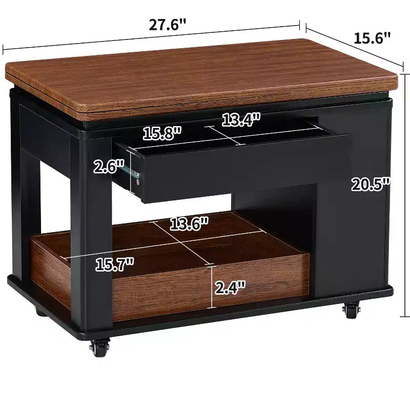 Tavolino multi-funzione da 70 cm con piano pieghevole, rotelle e ripiani multi-livello, nero e noce