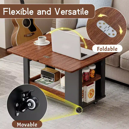 Tavolino multi-funzione da 70 cm con piano pieghevole, rotelle e ripiani multi-livello, nero e noce