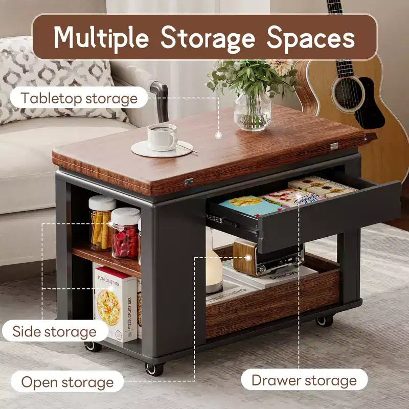 Tavolino multi-funzione da 70 cm con piano pieghevole, rotelle e ripiani multi-livello, nero e noce