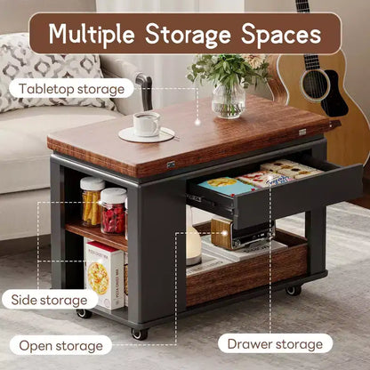 Tavolino multi-funzione da 70 cm con piano pieghevole, rotelle e ripiani multi-livello, nero e noce