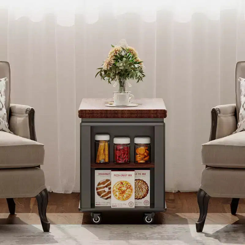 Tavolino multi-funzione da 70 cm con piano pieghevole, rotelle e ripiani multi-livello, nero e noce
