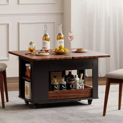 Tavolino multi-funzione da 70 cm con piano pieghevole, rotelle e ripiani multi-livello, nero e noce
