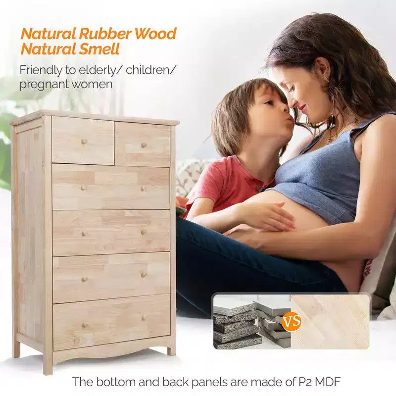 Cassettiera alta in legno di gomma naturale a 6 cassetti, 124 cm H, per camera da letto