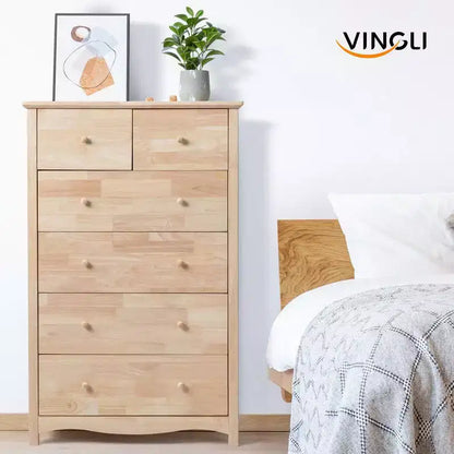 Cassettiera alta in legno di gomma naturale a 6 cassetti, 124 cm H, per camera da letto