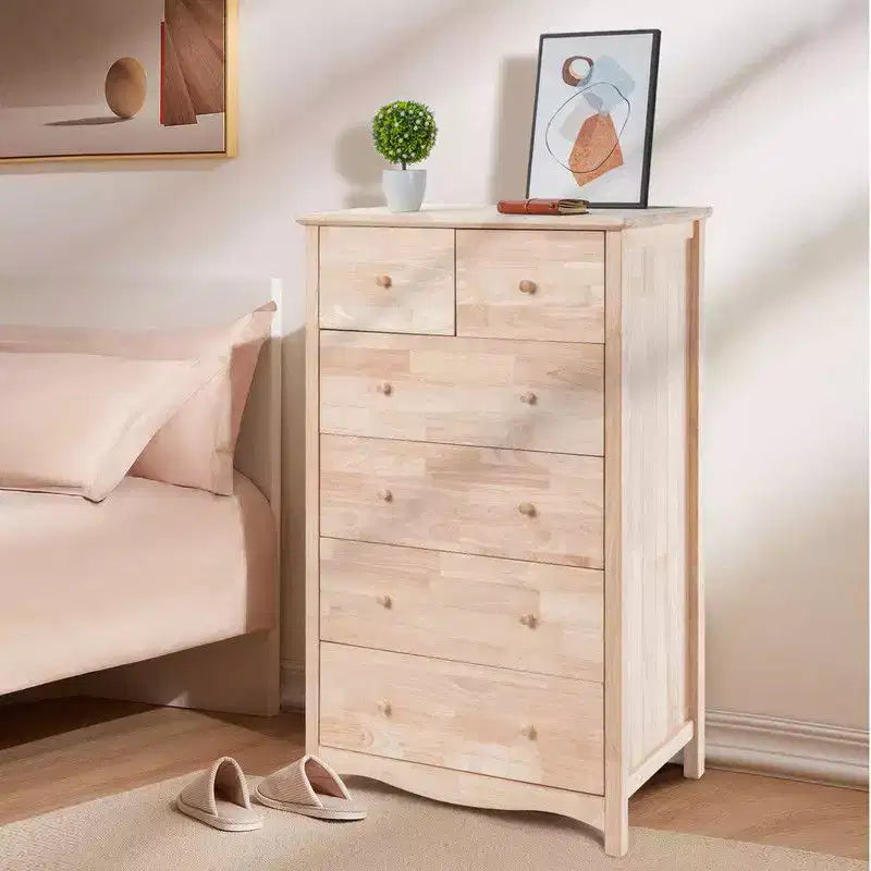 Cassettiera alta in legno di gomma naturale a 6 cassetti, 124 cm H, per camera da letto
