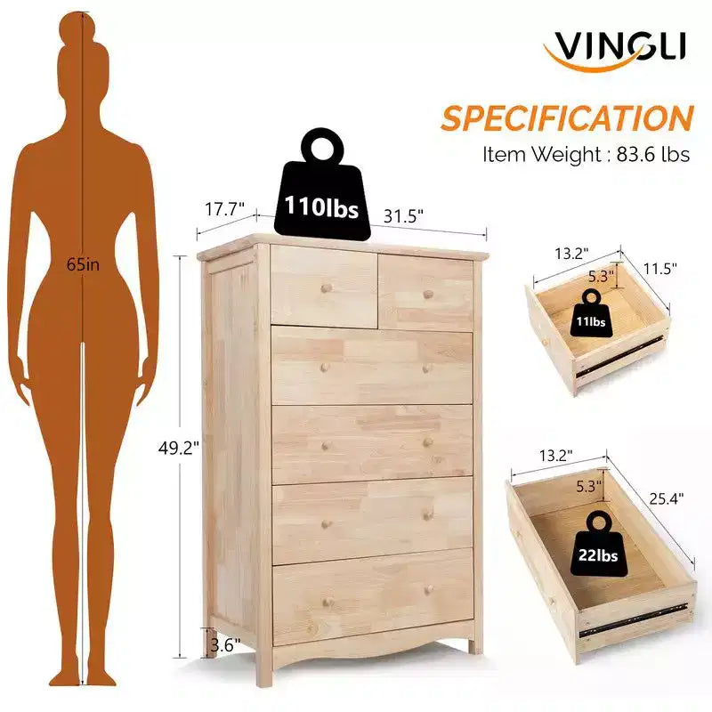 Cassettiera alta in legno di gomma naturale a 6 cassetti, 124 cm H, per camera da letto