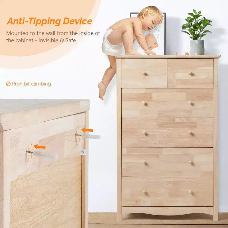 Cassettiera alta in legno di gomma naturale a 6 cassetti, 124 cm H, per camera da letto
