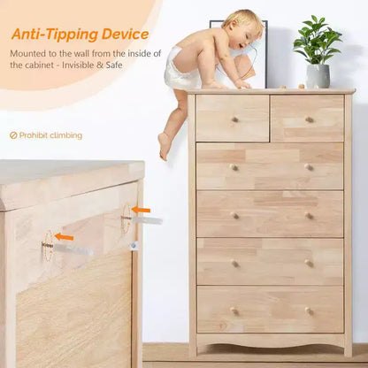 Cassettiera alta in legno di gomma naturale a 6 cassetti, 124 cm H, per camera da letto