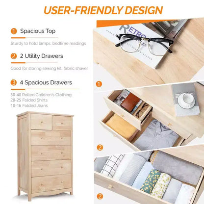 Cassettiera alta in legno di gomma naturale a 6 cassetti, 124 cm H, per camera da letto