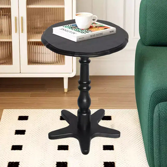 Tavolino da salotto rotondo vintage nero da 40 cm con piedistallo in legno