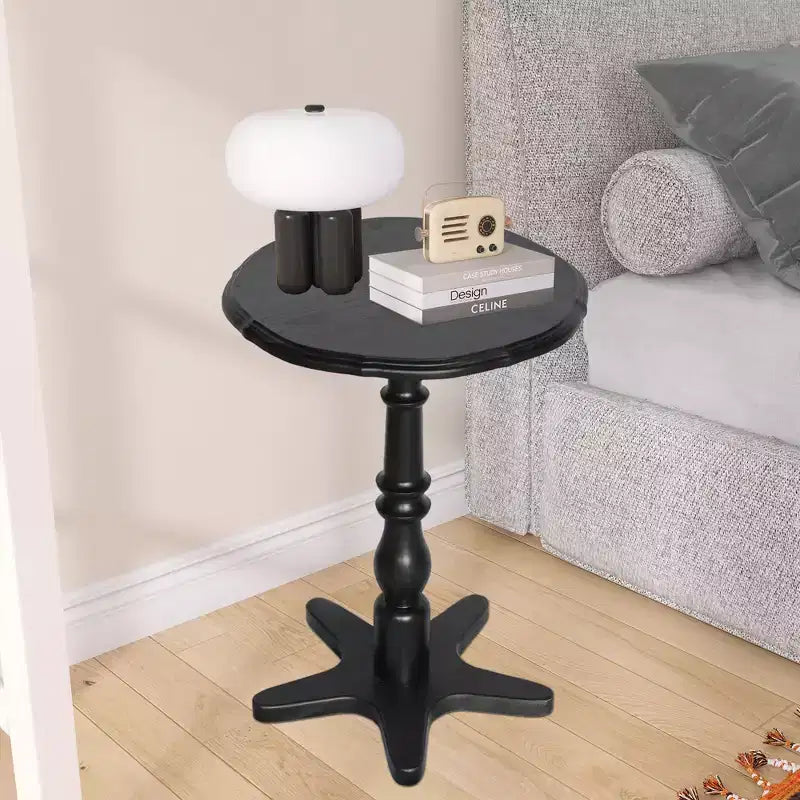 Tavolino da salotto rotondo vintage nero da 40 cm con piedistallo in legno