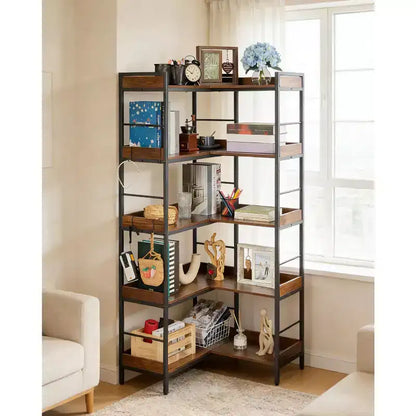 5-Tier Corner Shelf, Industrial L-Shaped Bookshelf with Shelves, Freestanding Corner Storage Rack for Living Room, Bedroom, Home Office