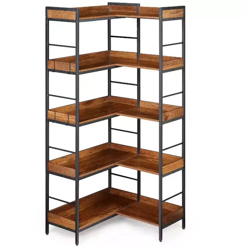 Libreria angolare a L a 5 ripiani con 4 ganci, scaffale portaoggetti industriale con telaio in metallo