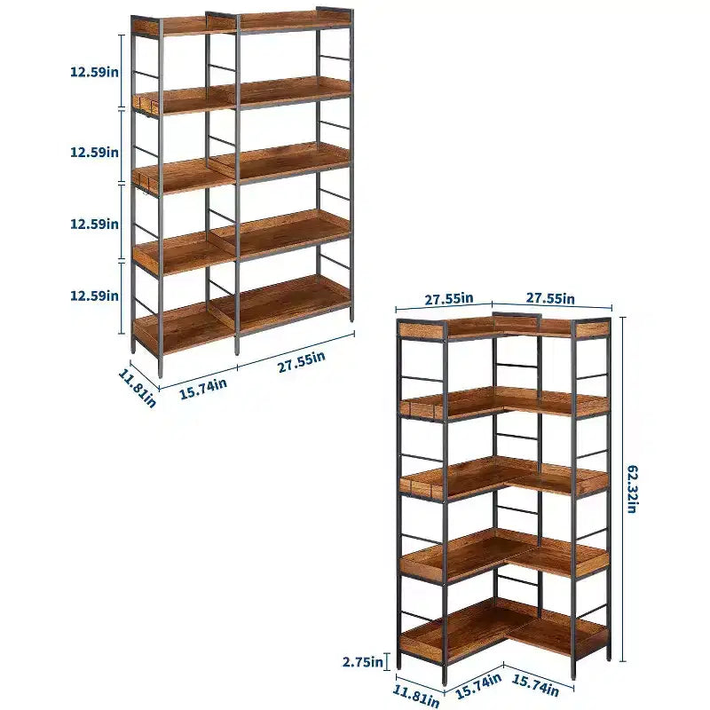 Libreria angolare a L a 5 ripiani con 4 ganci, scaffale portaoggetti industriale con telaio in metallo