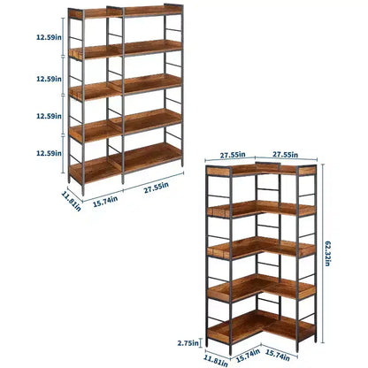 Libreria angolare a L a 5 ripiani con 4 ganci, scaffale portaoggetti industriale con telaio in metallo