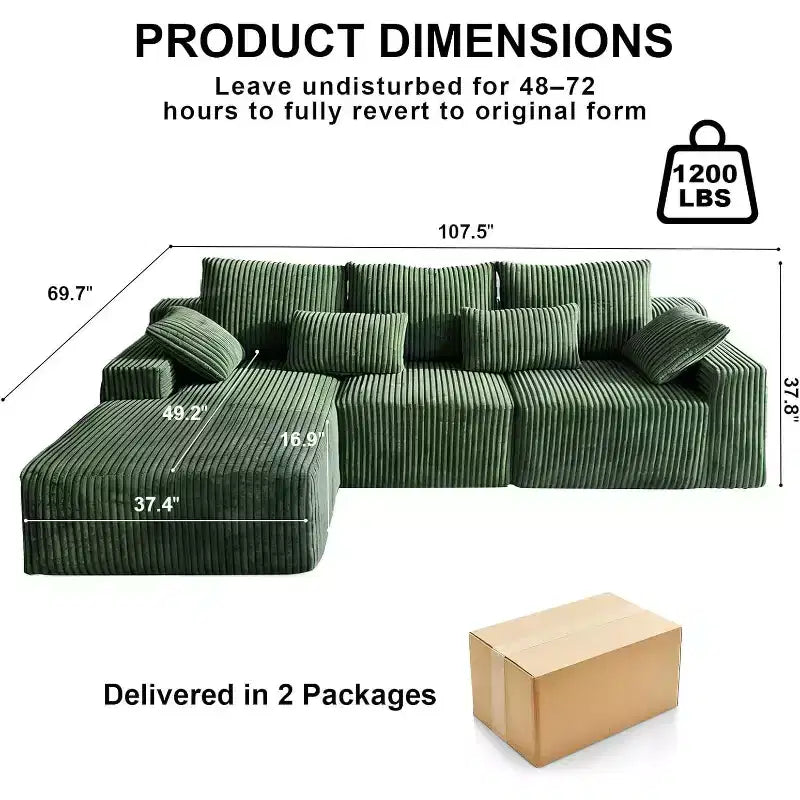 Divano Sezionale Modulare a L da 273 cm, in Morbida Corda, con Chaise Longue e Cuscini Decorativi, Verde