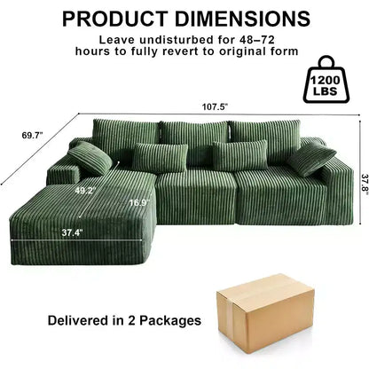 Divano Sezionale Modulare a L da 273 cm, in Morbida Corda, con Chaise Longue e Cuscini Decorativi, Verde
