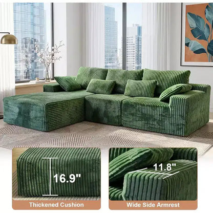Divano Sezionale Modulare a L da 273 cm, in Morbida Corda, con Chaise Longue e Cuscini Decorativi, Verde