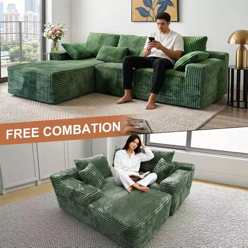 Divano Sezionale Modulare a L da 273 cm, in Morbida Corda, con Chaise Longue e Cuscini Decorativi, Verde