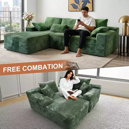 Divano Sezionale Modulare a L da 273 cm, in Morbida Corda, con Chaise Longue e Cuscini Decorativi, Verde