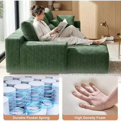 Divano Sezionale Modulare a L da 273 cm, in Morbida Corda, con Chaise Longue e Cuscini Decorativi, Verde