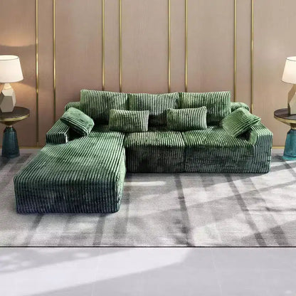 Divano Sezionale Modulare a L da 273 cm, in Morbida Corda, con Chaise Longue e Cuscini Decorativi, Verde