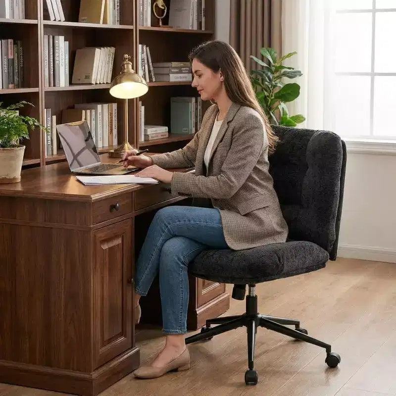 Sedia da Ufficio Girevole a 360° senza Braccioli, Sedile Ampio con Doppio Cuscino, Sedia da Toeletta Regolabile in Altezza