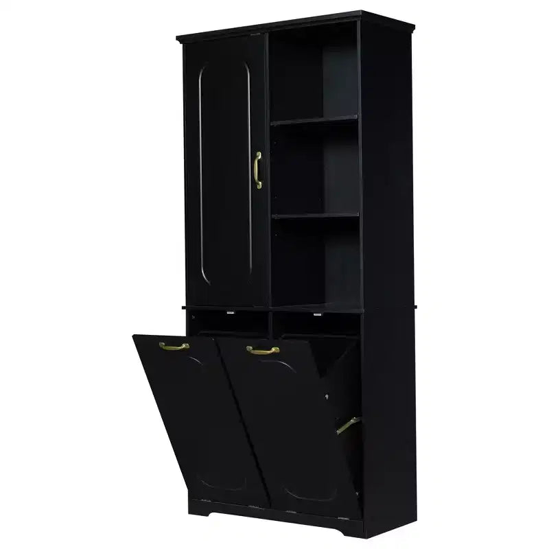Mobile Contenitore da Bagno Alto 173 cm con 2 Cesti Portabiancheria Inclinabili e Ripiani Regolabili