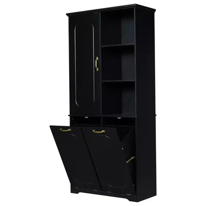 Mobile Contenitore da Bagno Alto 173 cm con 2 Cesti Portabiancheria Inclinabili e Ripiani Regolabili