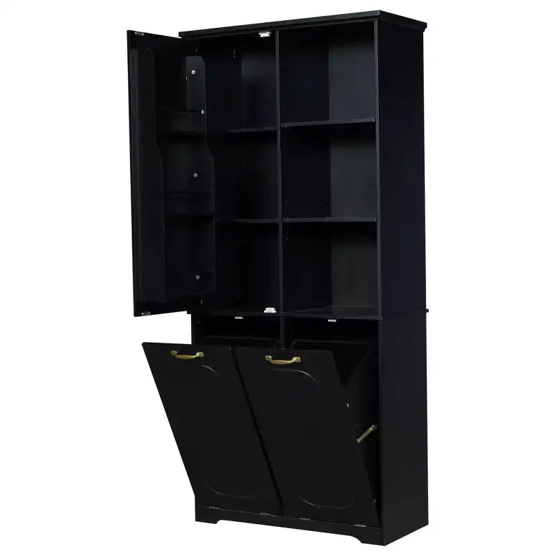 Mobile Contenitore da Bagno Alto 173 cm con 2 Cesti Portabiancheria Inclinabili e Ripiani Regolabili