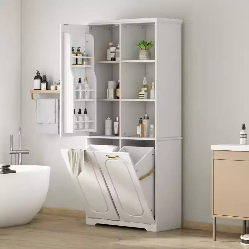 Mobile Contenitore da Bagno Alto 173 cm con 2 Cesti Portabiancheria Inclinabili e Ripiani Regolabili