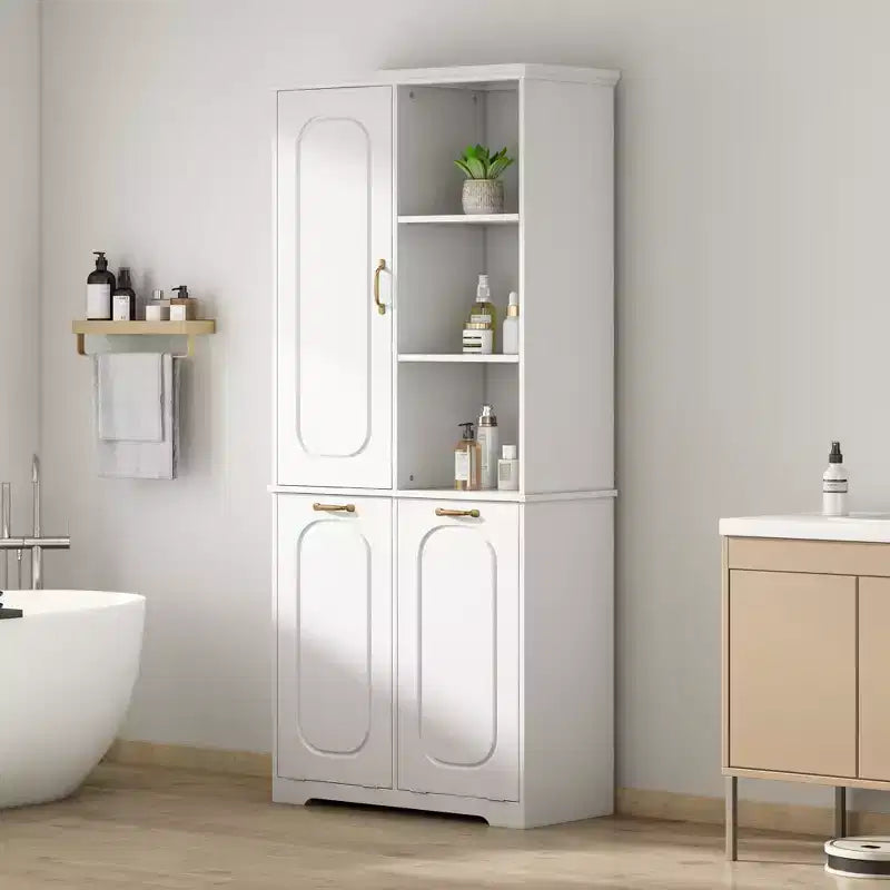 Mobile Contenitore da Bagno Alto 173 cm con 2 Cesti Portabiancheria Inclinabili e Ripiani Regolabili