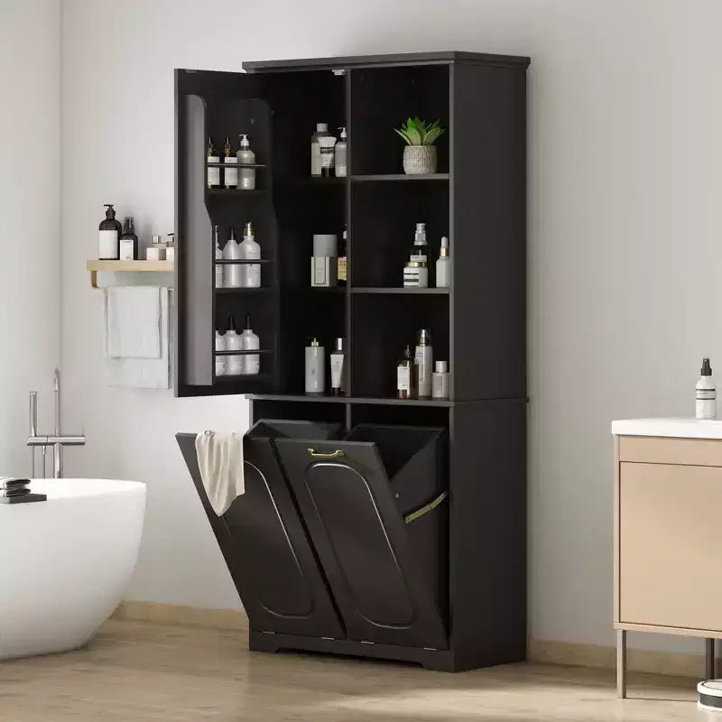 Mobile Contenitore da Bagno Alto 173 cm con 2 Cesti Portabiancheria Inclinabili e Ripiani Regolabili