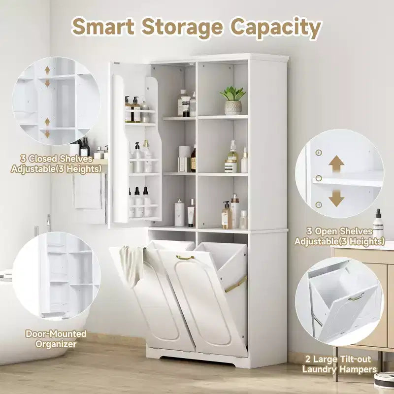 Mobile Contenitore da Bagno Alto 173 cm con 2 Cesti Portabiancheria Inclinabili e Ripiani Regolabili