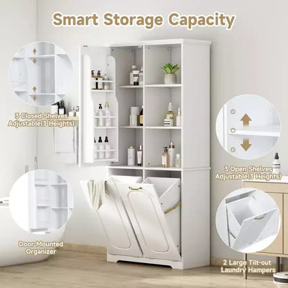 Mobile Contenitore da Bagno Alto 173 cm con 2 Cesti Portabiancheria Inclinabili e Ripiani Regolabili