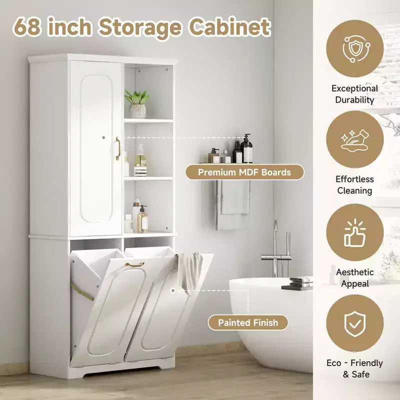 Mobile Contenitore da Bagno Alto 173 cm con 2 Cesti Portabiancheria Inclinabili e Ripiani Regolabili