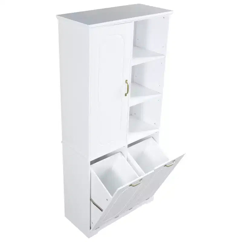 Mobile Contenitore da Bagno Alto 173 cm con 2 Cesti Portabiancheria Inclinabili e Ripiani Regolabili