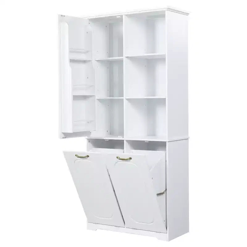Mobile Contenitore da Bagno Alto 173 cm con 2 Cesti Portabiancheria Inclinabili e Ripiani Regolabili