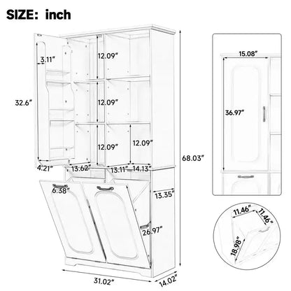 Mobile Contenitore da Bagno Alto 173 cm con 2 Cesti Portabiancheria Inclinabili e Ripiani Regolabili
