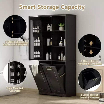 Mobile Contenitore da Bagno Alto 173 cm con 2 Cesti Portabiancheria Inclinabili e Ripiani Regolabili